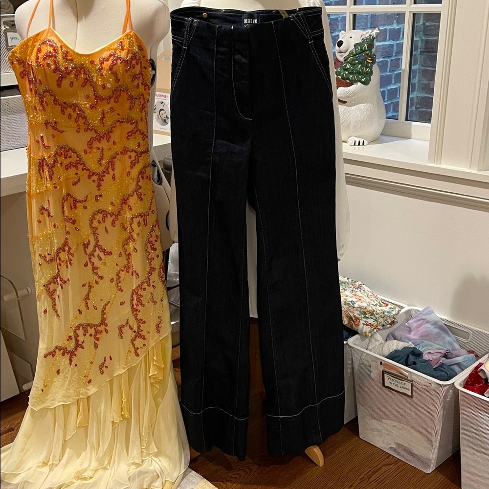 Anthropologie dark wash wide leg jeans with white stitching